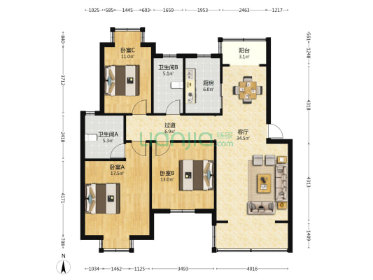 尹东四期 3室1厅2卫 145平方