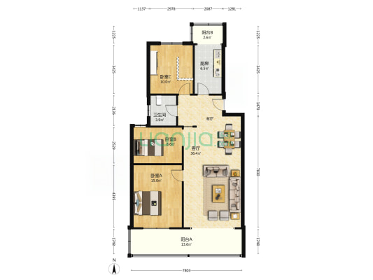 河滨花园(六合) 3室1厅1卫 108平方