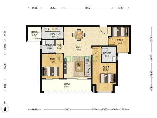 海成长江天玺 3室1厅2卫 98平方