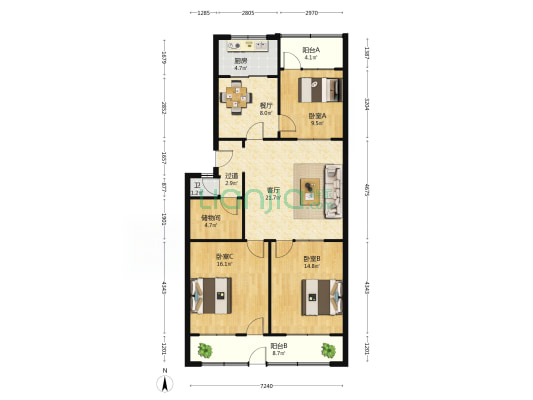 电业局宿舍 3室2厅1卫 110平方