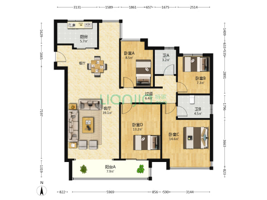 欢乐海岸天鹅堡 4室1厅2卫 138平方