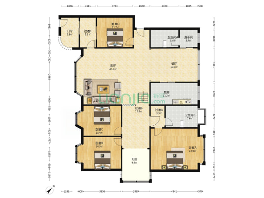 金地花苑 4室2厅3卫 223平方