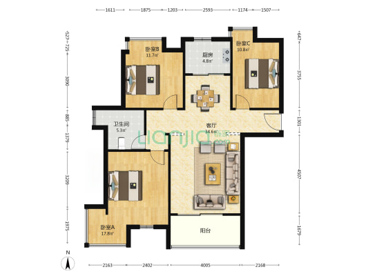新亚·旭景园 3室1厅1卫 113平方
