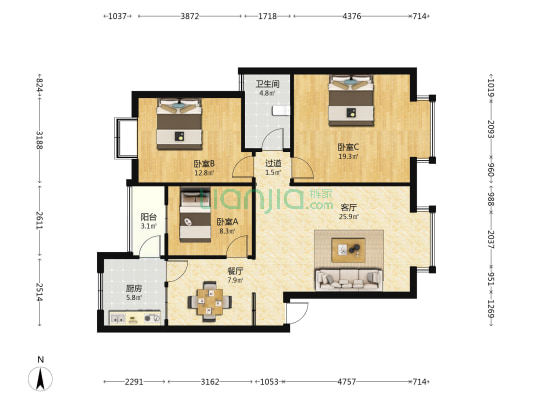 四河小区 3室2厅1卫 105平方