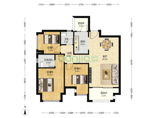 海成星光上院三期 3室1厅2卫 98平方