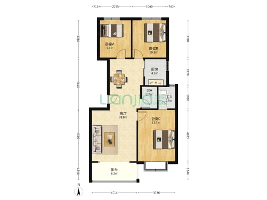 汇贤居 3室1厅2卫 109平方