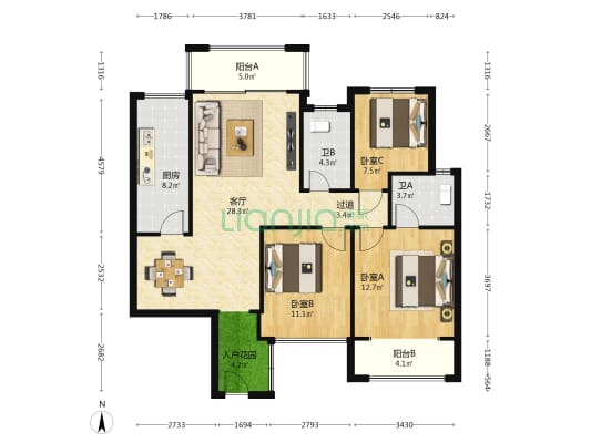 湘桥佳苑 3室1厅2卫 106平方