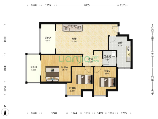 北城映像 3室1厅1卫 95平方