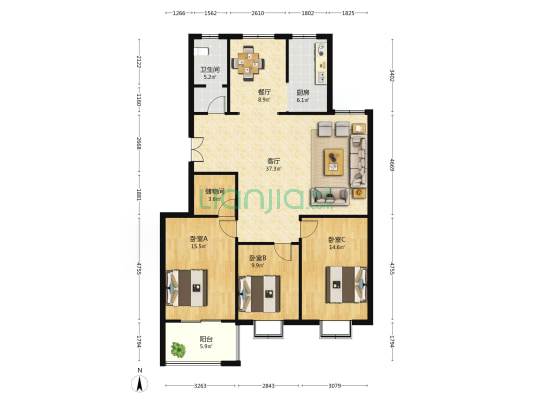 百花畦 3室2厅1卫 136平方