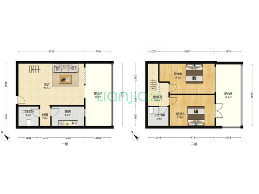 自由城 2室1厅2卫 116平方
