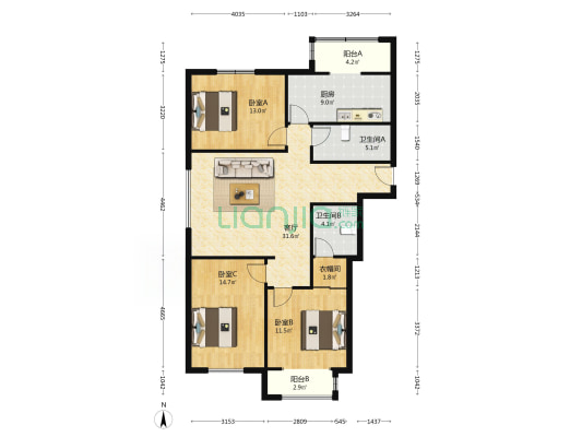 天逸园 3室1厅2卫 147平方