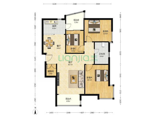 世纪向阳居 3室2厅1卫 140平方