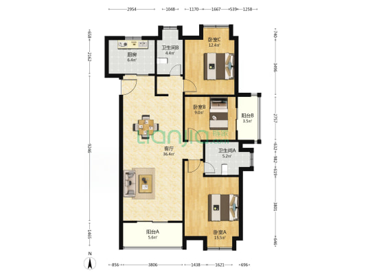 国博新城和江府 3室1厅2卫 128平方