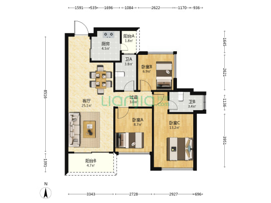 龙光玖龙山 3室1厅2卫 87平方