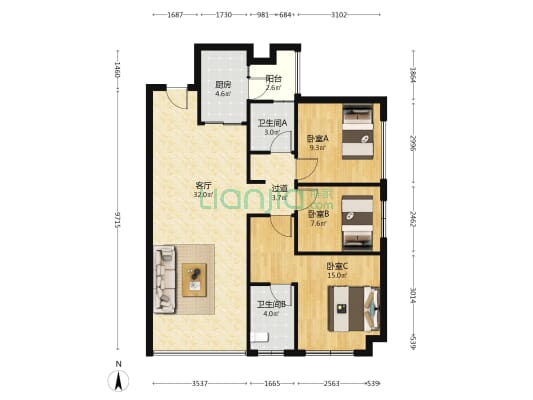 新城明昱东方一期A区 3室1厅2卫 104平方