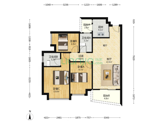 嘉辉豪庭三期森镇 3室1厅2卫 93平方