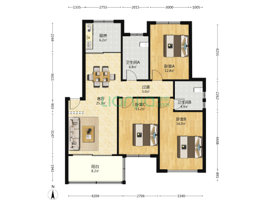 美陆佳园梅苑 3室1厅2卫 111平方