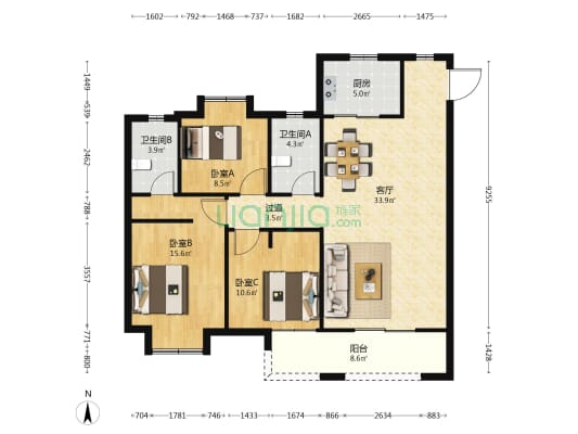 美好长江首玺K2 3室1厅2卫 131平方
