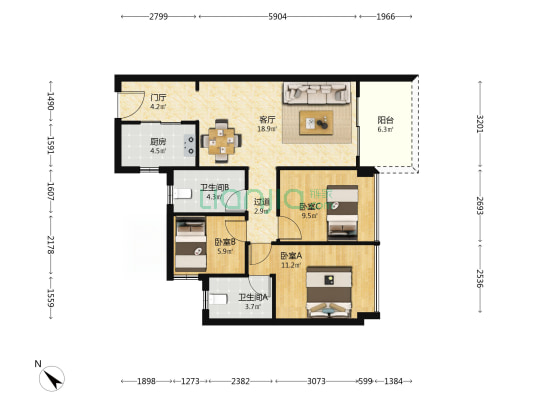 卓越华堂卓著天城·辰光 3室1厅2卫 91平方