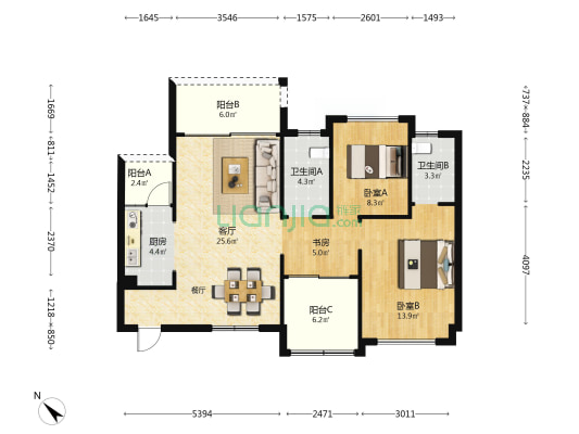 神州水岸轩 3室1厅2卫 93平方
