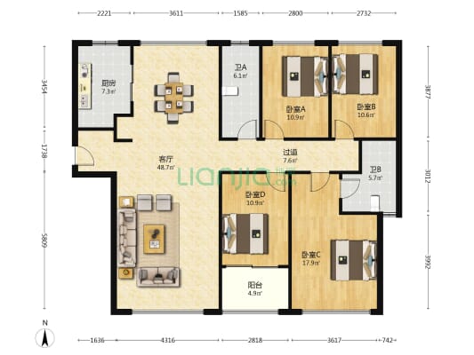 建工·象山国际 4室1厅2卫 170平方