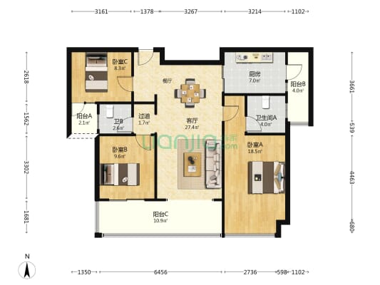 绿地麓云国际二期 3室1厅2卫 130平方
