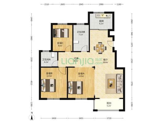 湖东花苑 3室1厅2卫 128平方