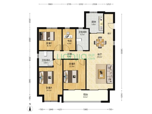 通山未来社区一区 4室1厅2卫 128平方