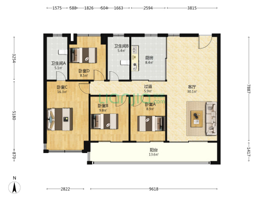 璀璨璟园 4室1厅2卫 135平方