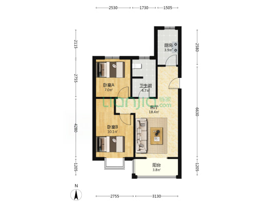 侯家花园B区 2室1厅1卫 59平方