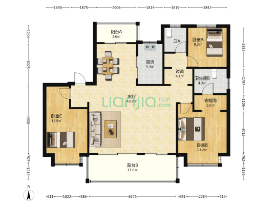 龙湾上府 3室1厅2卫 142平方