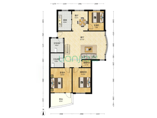 环岛公寓 2室2厅2卫 118平方