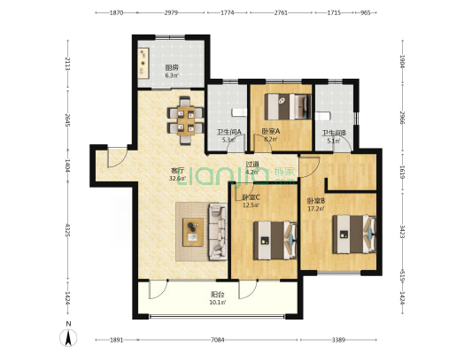 融创中心融悦 3室1厅2卫 136平方