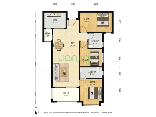乐天峰公馆 3室1厅2卫 114平方
