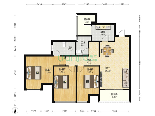 天府公园观澜8号泊岸 3室1厅2卫 116平方
