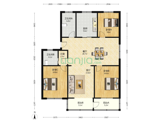恒洋花苑 3室2厅2卫 140平方