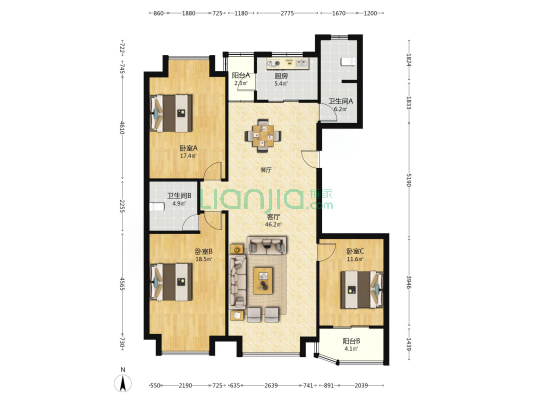 祥和盛世家园 3室1厅2卫 148平方