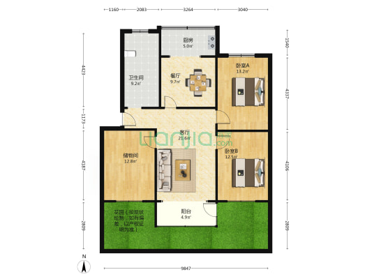 秦岭路243号院 2室2厅1卫 103平方