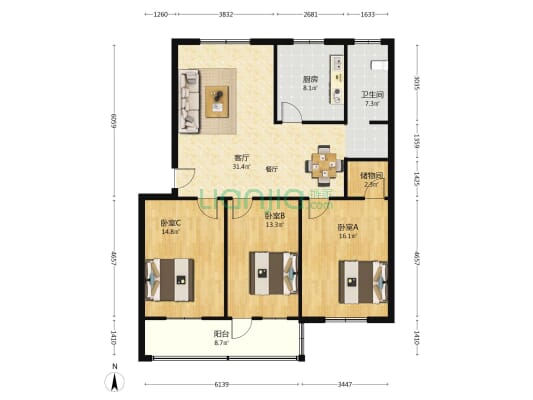 新花苑小区 3室1厅1卫 116平方