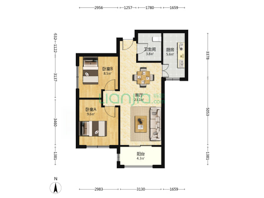 保利双水磨小区 2室1厅1卫 77平方