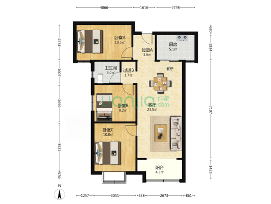 宏府鹍翔荟街区 3室1厅1卫 101平方