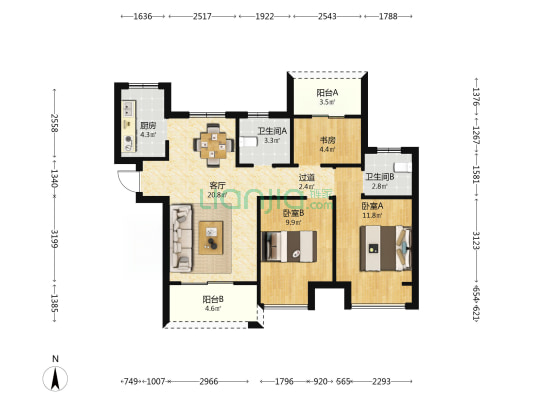 盛世城邦茗园 3室1厅2卫 87平方