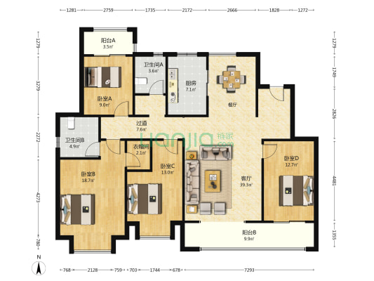 大明院 4室1厅2卫 168平方