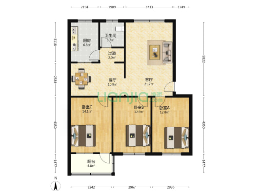 二院家属院 3室2厅1卫 107平方
