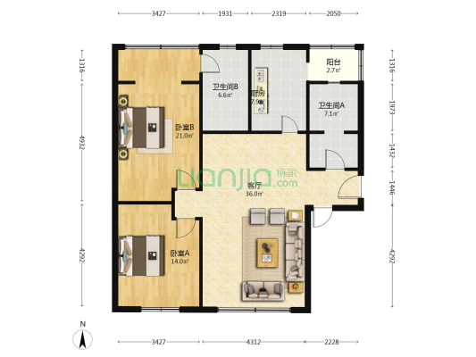 百丽苑 2室1厅2卫 115平方