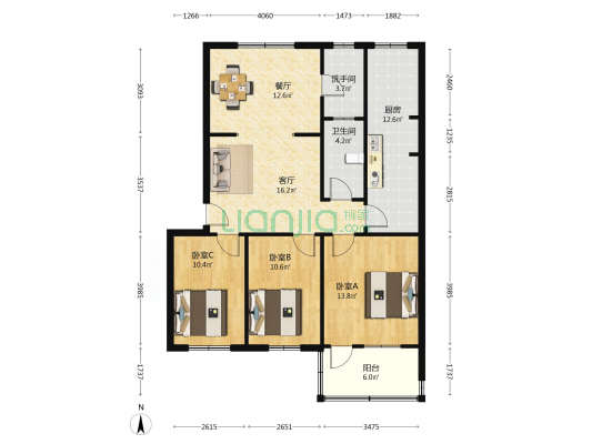 红专一街6号院 3室2厅2卫 105平方