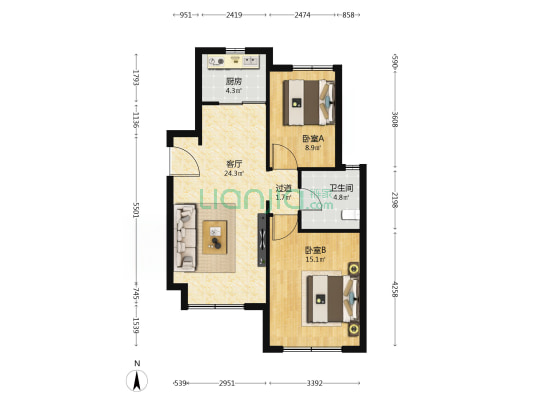 大连九里保利城 2室1厅1卫 80平方