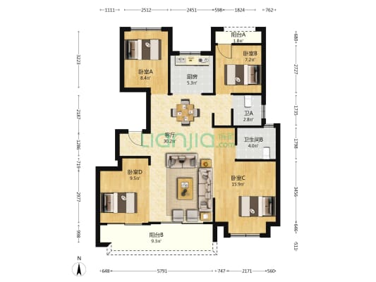 云都会府三期 4室1厅2卫 114平方