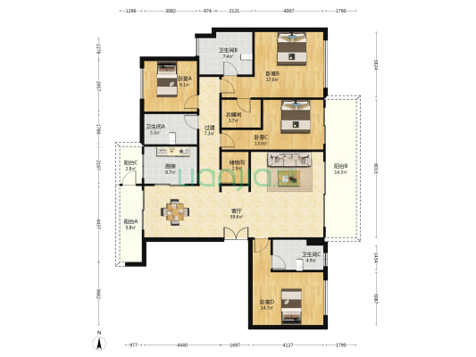 中铁建西派国樾2号地（三期、四期） 4室1厅3卫 198平方