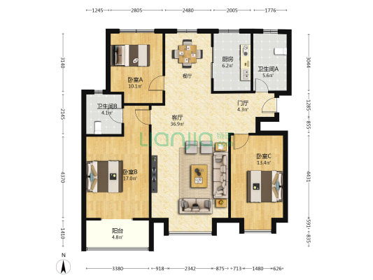 泾欣园二区 3室1厅2卫 127平方